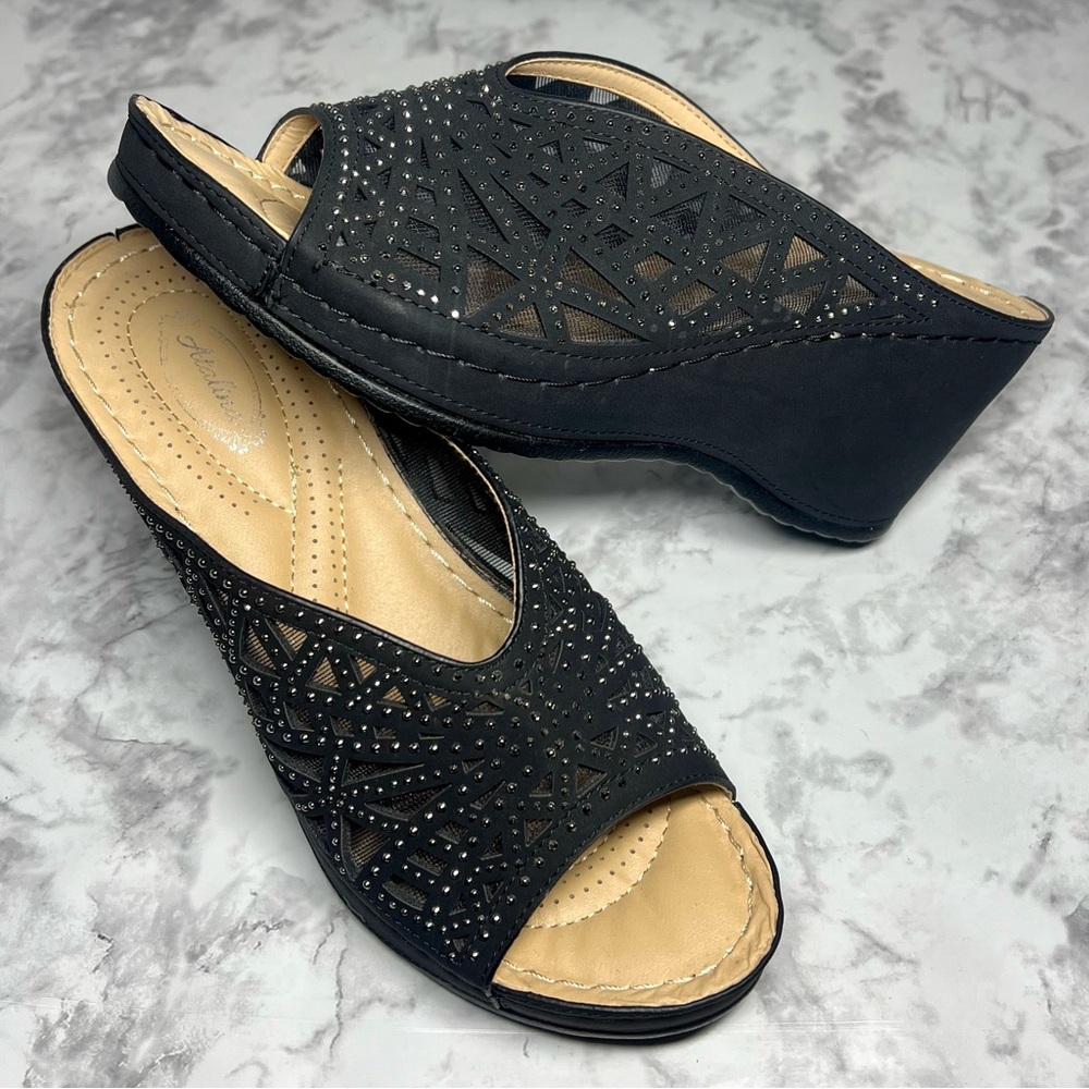 Atalina Metallic Rhinestone Cutout Platform Wedge Heel Sandal Slip On Shoes NWOT